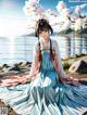 A woman in a blue dress sitting on a rock by the water.