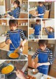 A collage of photos of a woman cooking in a kitchen.